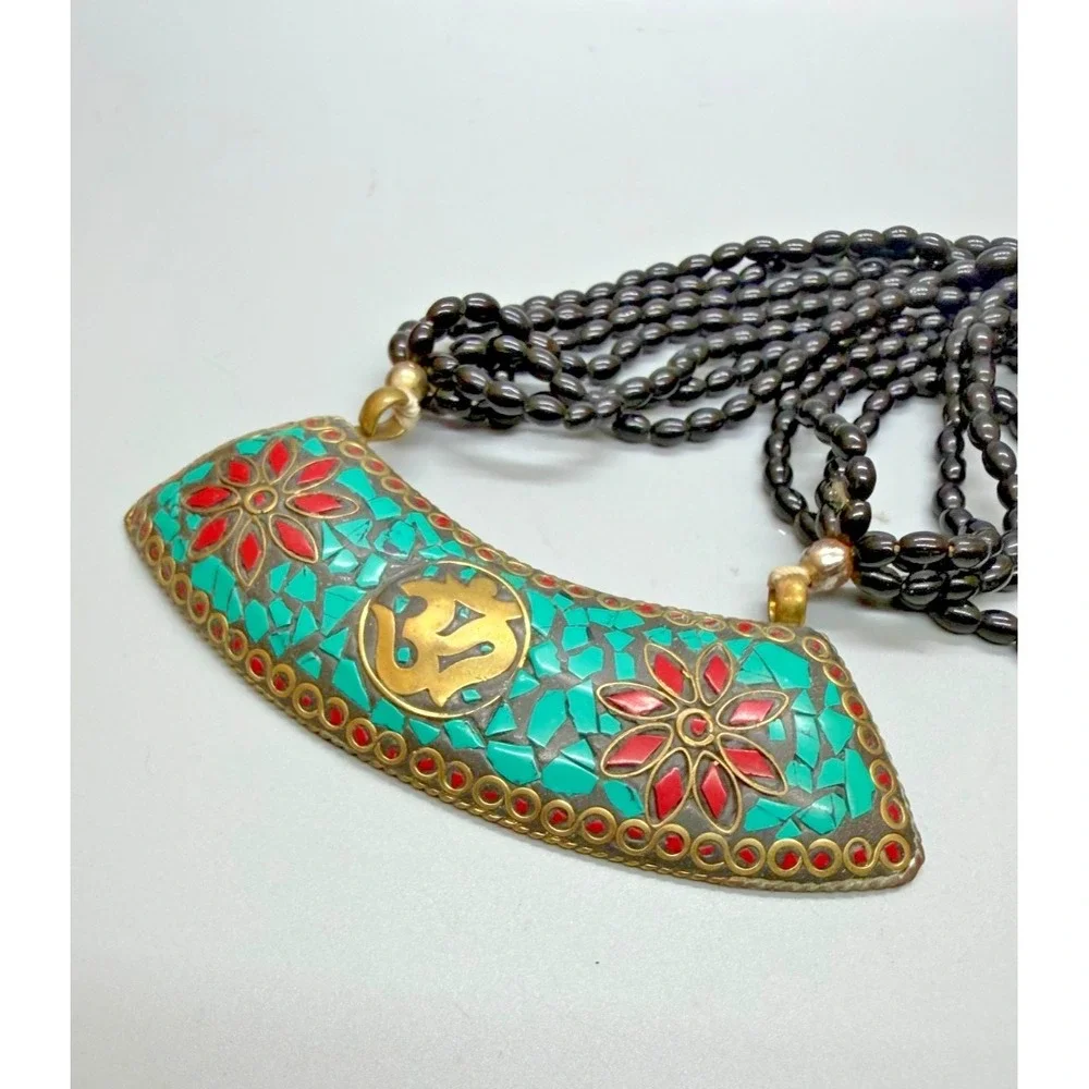 Tibetan Crushed Blue Red Stones  Statement‎ Pendant Necklace Glass Beaded Multi